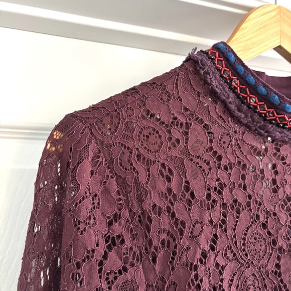 Anthropologie Bl^nk London Wine Lace Savannah Long Sleeve Top Medium - Picture 5 of 13